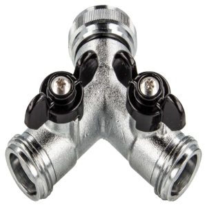2a05576e2846 2-Wege Y-Verteiler mit Absperrhähnen, verchromtes Messing – flexibel für Garten, Außenbereich & Industrie