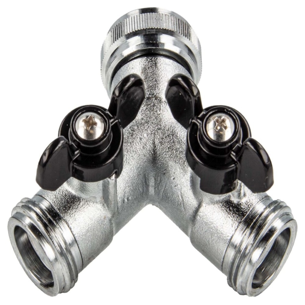 2-Wege Y-Verteiler mit Absperrhähnen, verchromtes Messing – flexibel für Garten, Außenbereich & Industrie