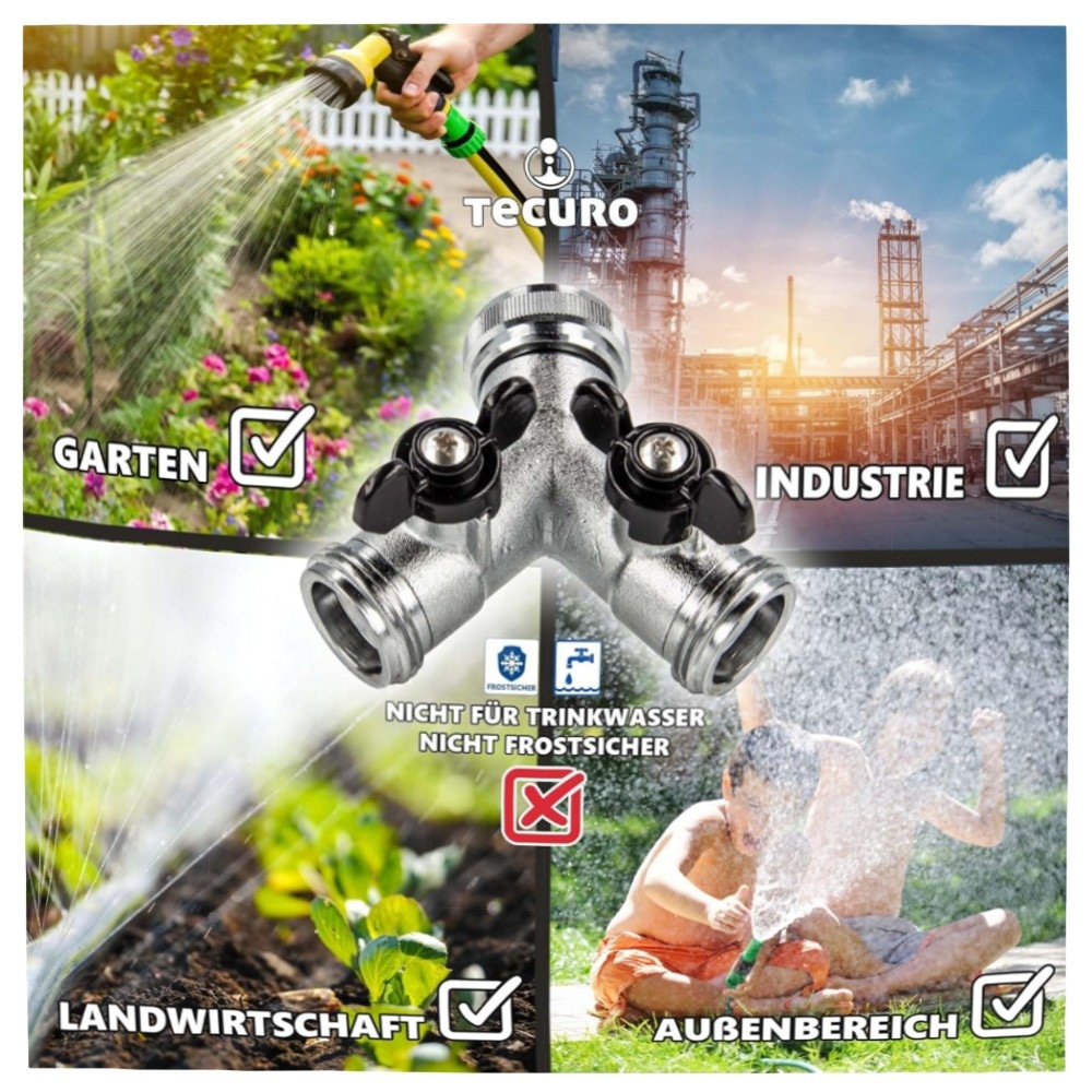 2-Wege Y-Verteiler mit Absperrhähnen, verchromtes Messing – flexibel für Garten, Außenbereich & Industrie