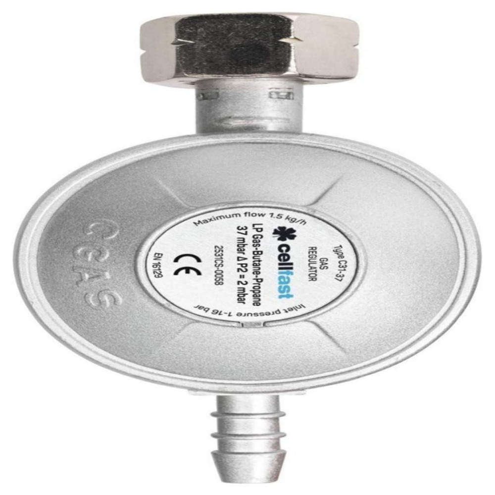 Cellfast Propan-Butan Gasdruckregler 37 mbar, Einstellbar 0,3–16 bar – robuster LPG-Regler für Grill, Herd & Heizung, effiziente 1,5 kg/h